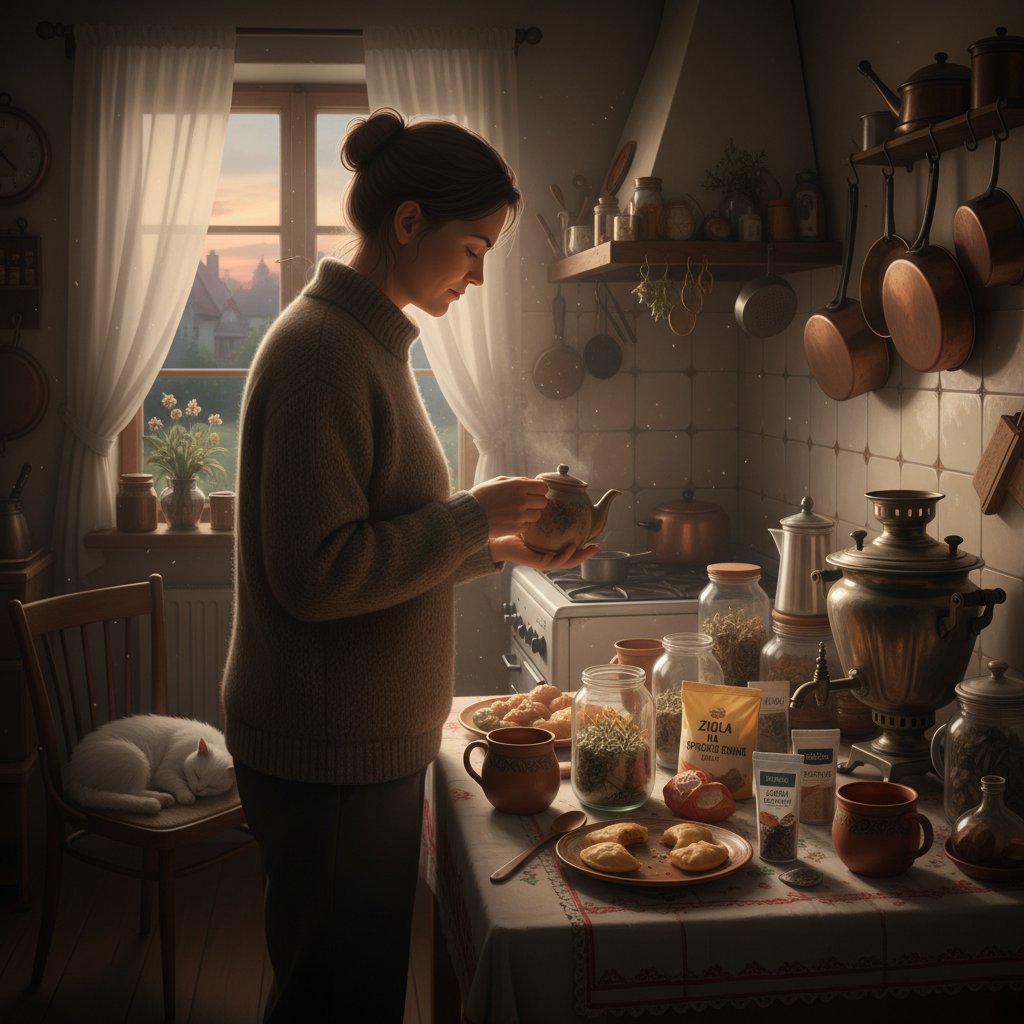 Rytuał parzenia ziołowej herbaty w polskiej kuchni o świcie