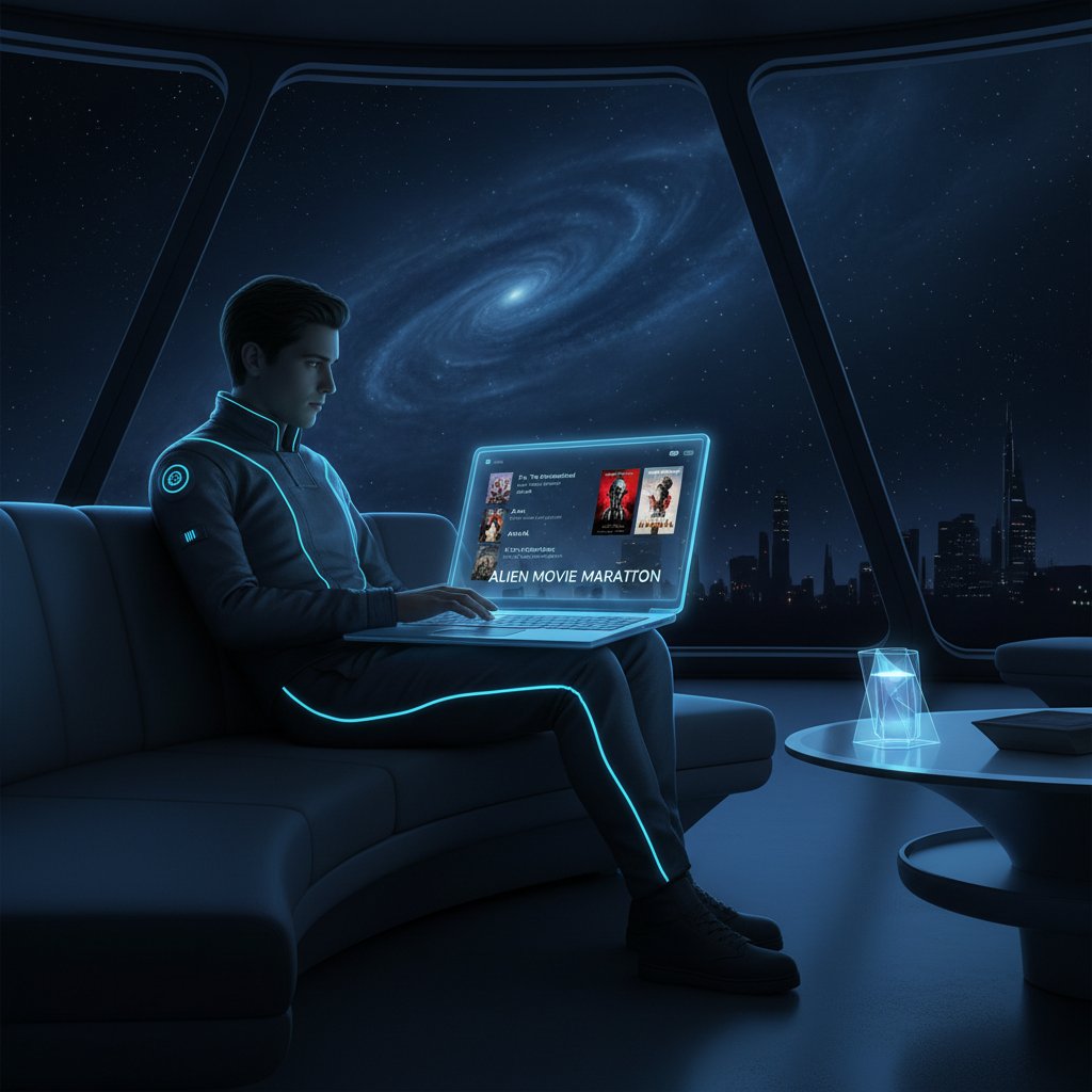 Photo of a person browsing a curated list of alien movies on a laptop