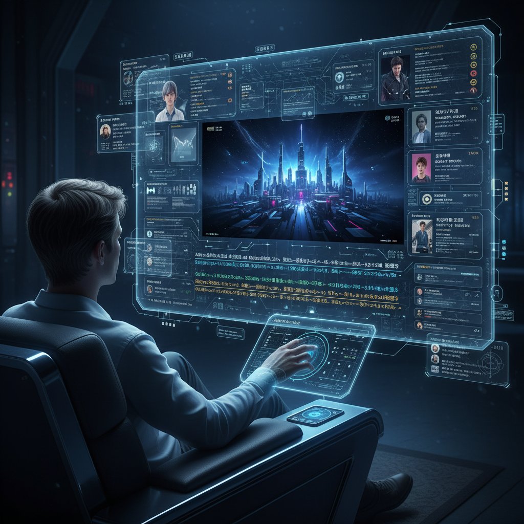 User scrolling through subtitled film recommendations, browsing subtitle-rich movie interface