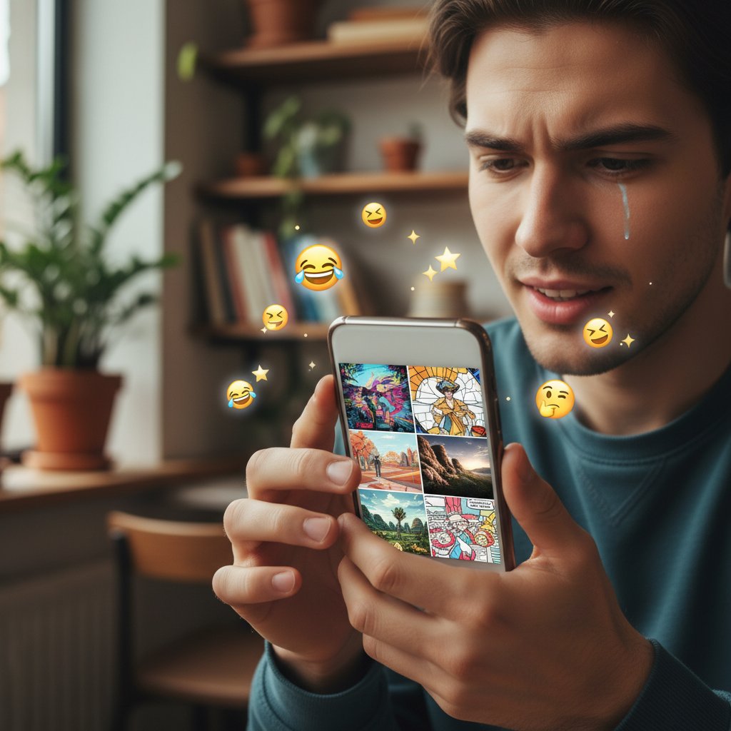 Osoba przeglądająca stylizacje AI na smartfonie, widoczne emocje sukcesu i frustracji