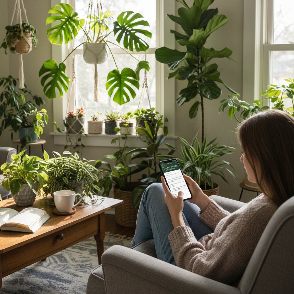 Osoba przeglądająca forum ogrodnicze na smartfonie, wokół notatki i rośliny domowe