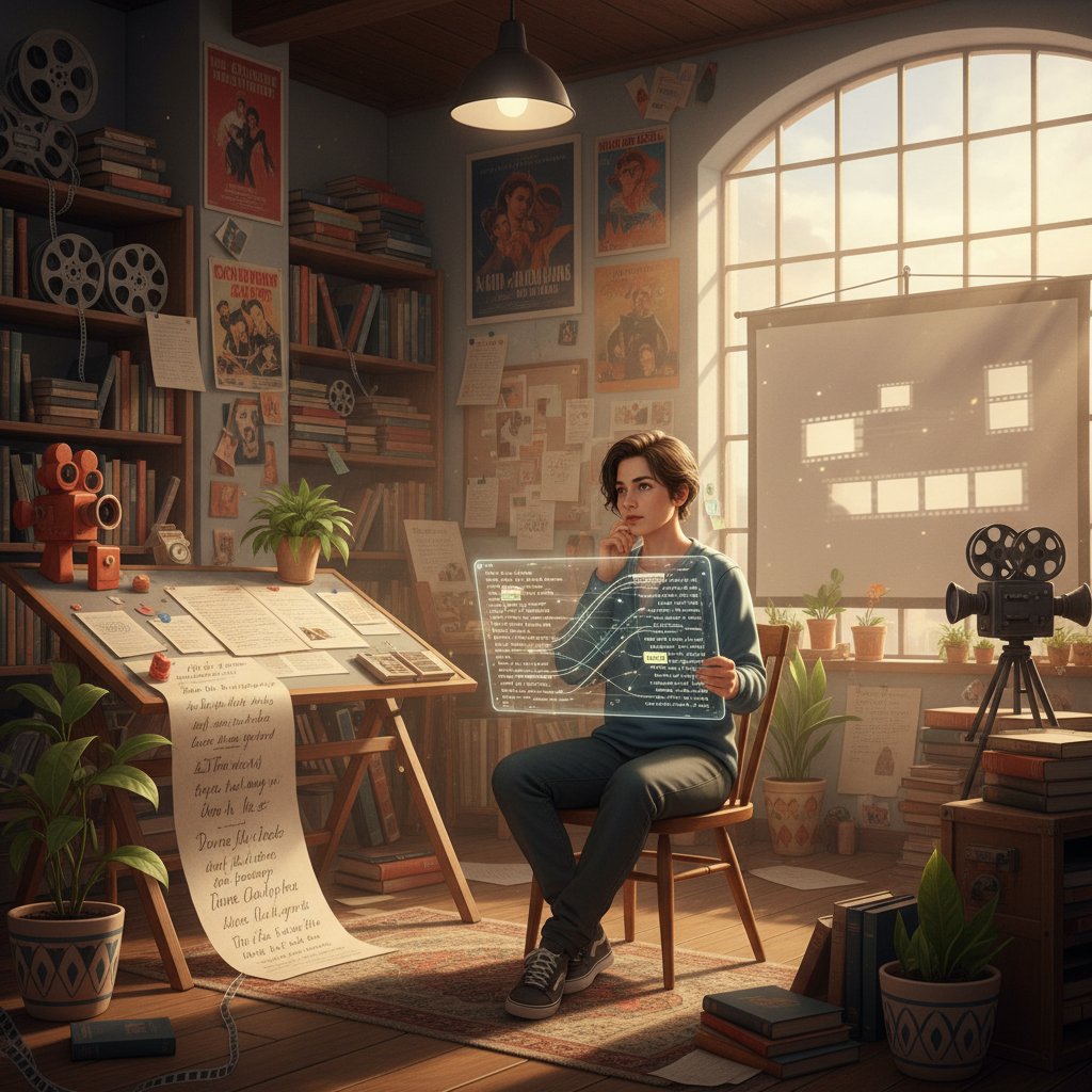 Person curating personal watchlist in quirky workspace, creative movie recommendations