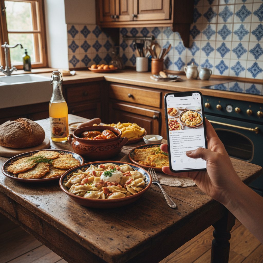 Osoba przegląda przepisy na smartfonie w kuchni, szukając inspiracji, na stole tradycyjne polskie dania