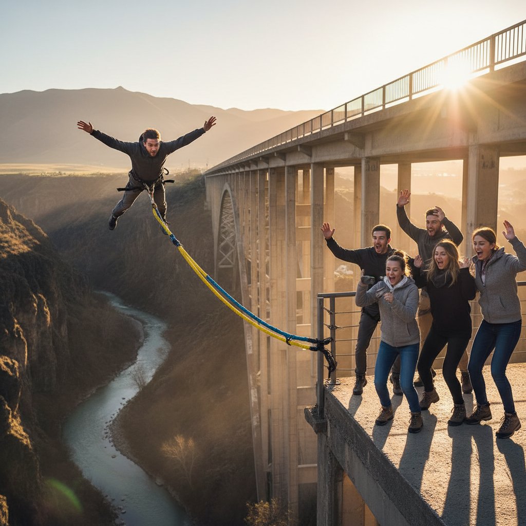 Osoba w trakcie ekstremalnej przygody, np. skoku na bungee, przyjaciele kibicujący z boku