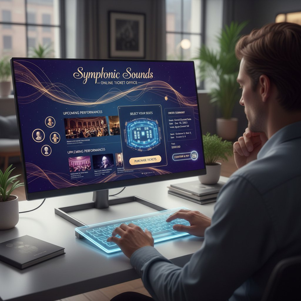Osoba kupująca bilet na koncert muzyki klasycznej przez internet, nowoczesny interfejs