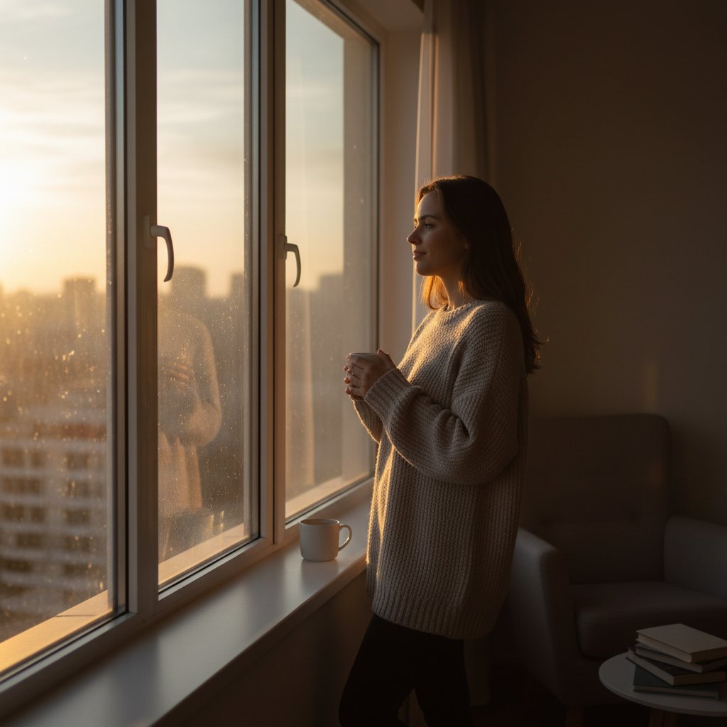 Osoba siedząca przy oknie przed laptopem, zadumana, światło poranka, atmosfera refleksji