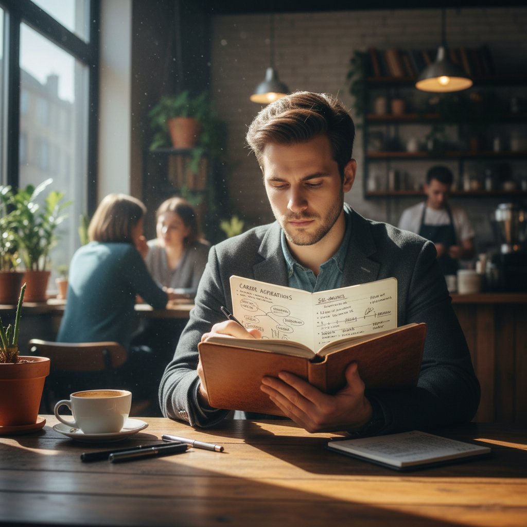 Zdjęcie osoby siedzącej w kawiarni z notatnikiem, analizującej swoje cele i wartości zawodowe