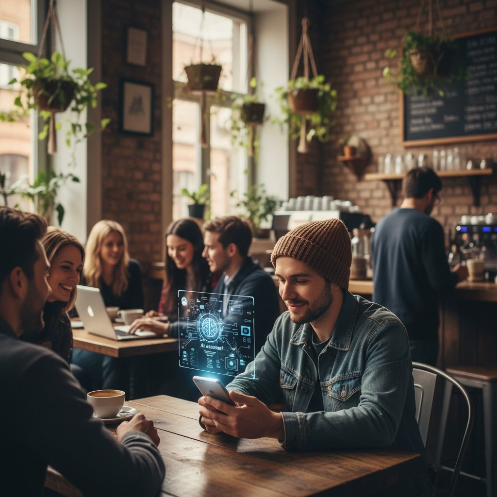 Osoba siedząca w kawiarni, rozmawia przez smartfon z AI, dookoła inni ludzie, ale skupiona na wirtualnej rozmowie
