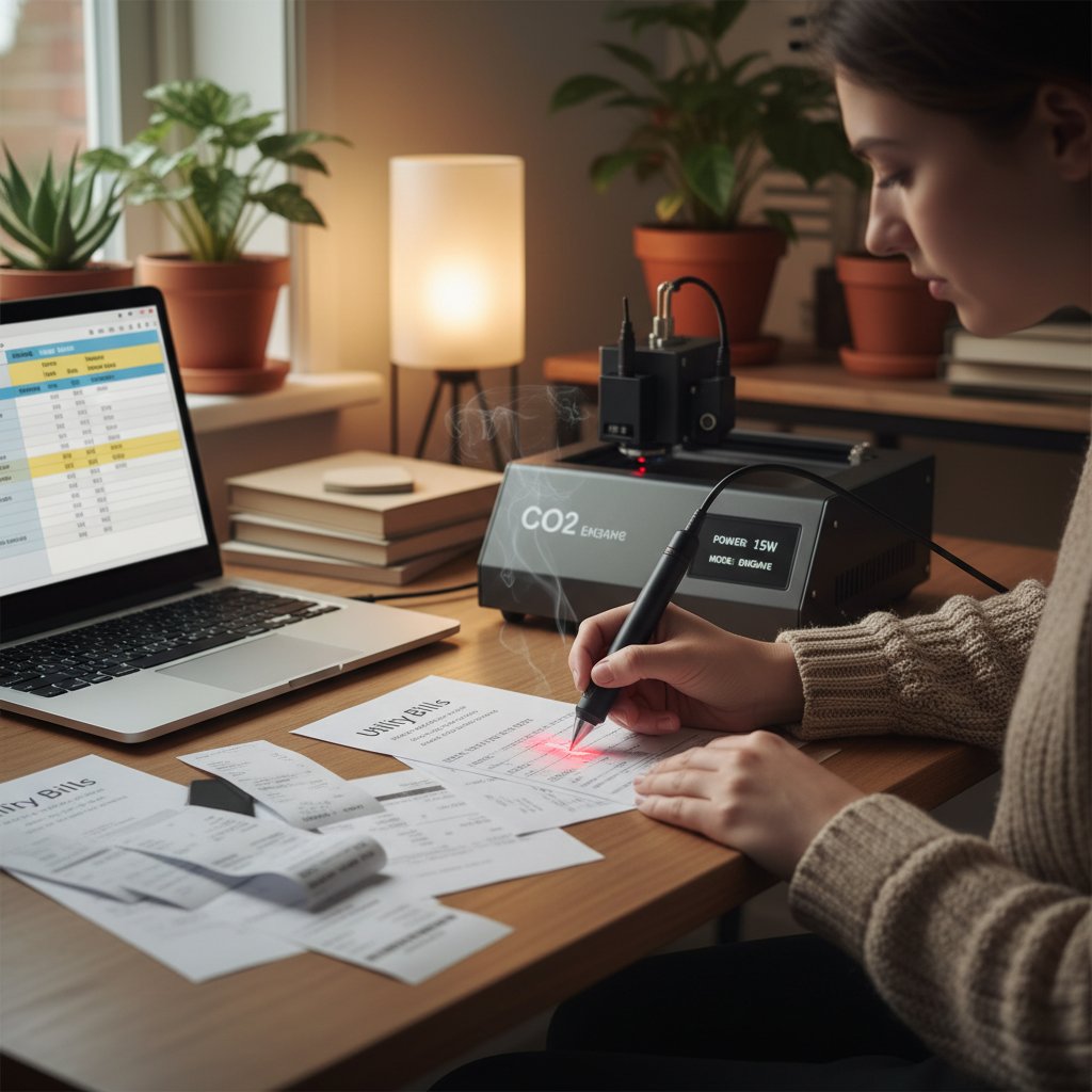 Mężczyzna analizujący rachunki po zabiegu laserem CO2, domowa atmosfera, zamyślony nastrój