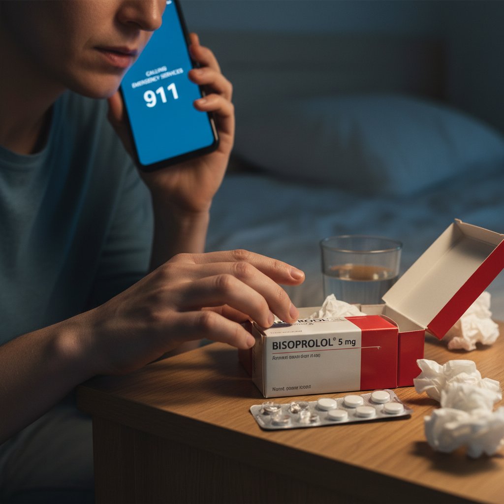 Osoba rozmawiająca przez telefon alarmowy, w tle domowa apteczka – sytuacja nagła związana z bisoprololem