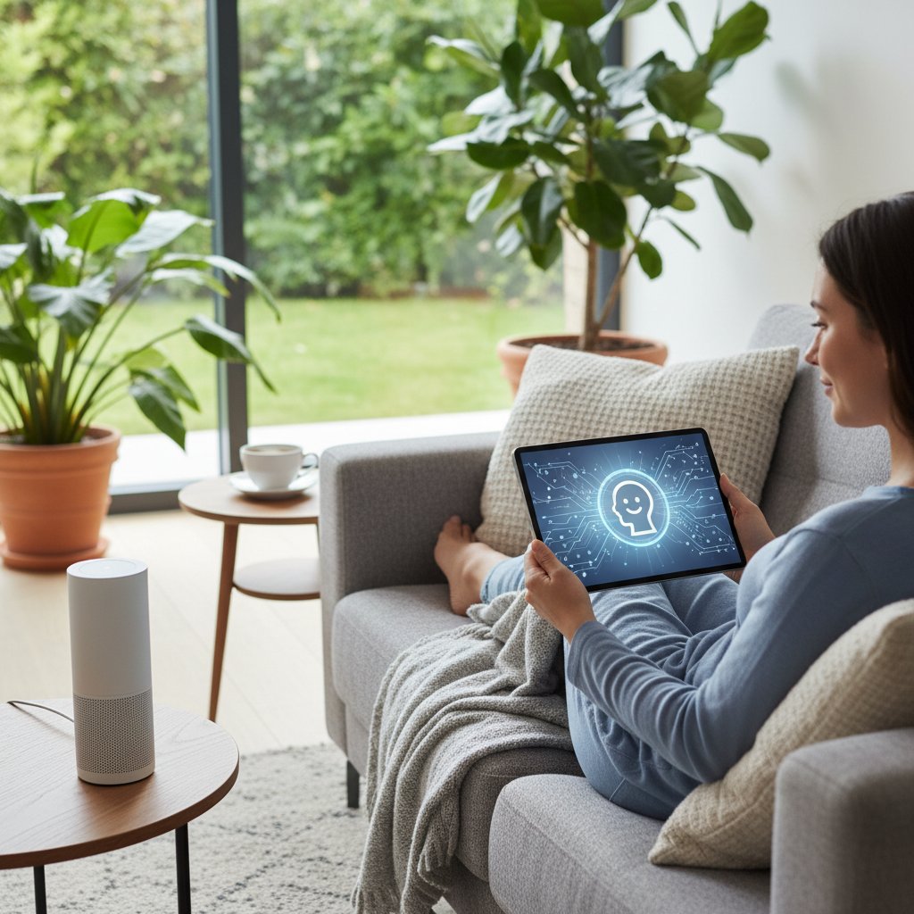 Osoba patrząca spokojnie w ekran smartfona w domowej atmosferze – AI wsparcie emocjonalne