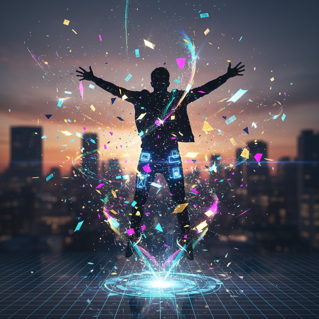 Osoba świętująca sukces przy komputerze, cyfrowe konfetti, radość z szybkiego znalezienia danych