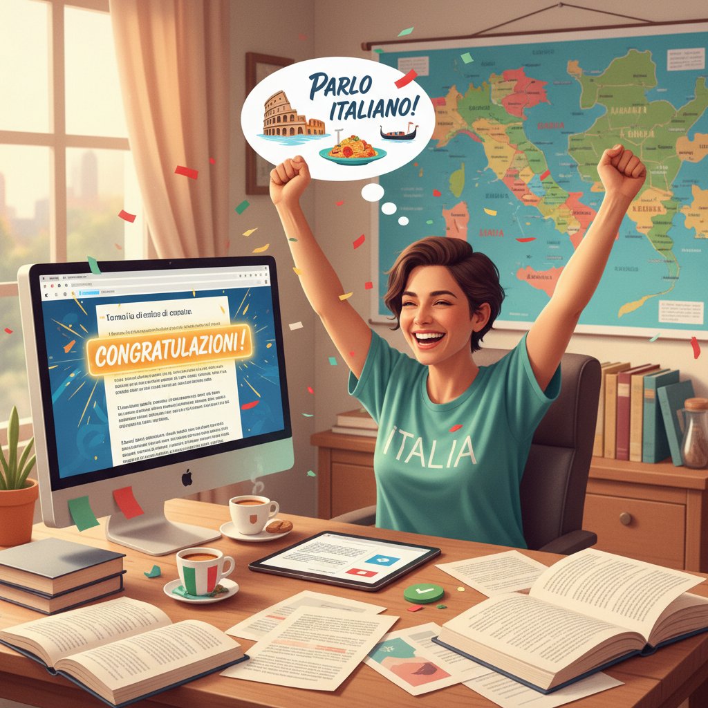 Osoba świętująca przełom w nauce włoskiego, sukces w czytaniu online