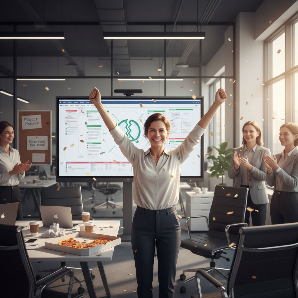 Osoba celebrująca sukces w biurze po pokonaniu przeciwności