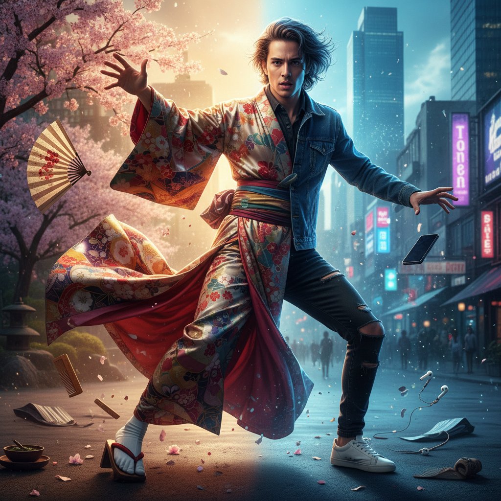 Zdjęcie ilustrujące przemianę kulturową: osoba zmieniająca tradycyjny strój na nowoczesny