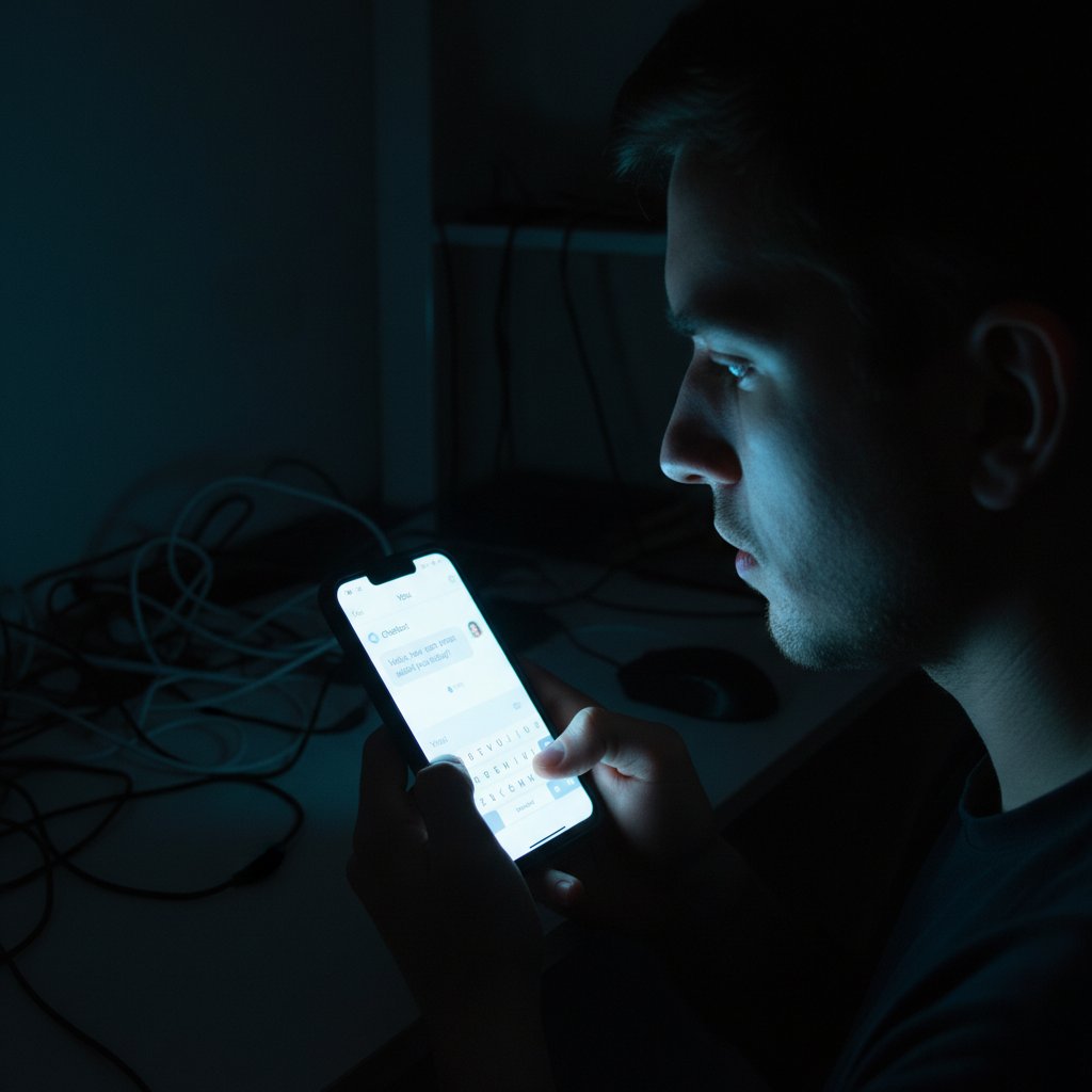 Osoba rozmawiająca z chatbotem na smartfonie, ciemne tło, światło ekranu na twarzy