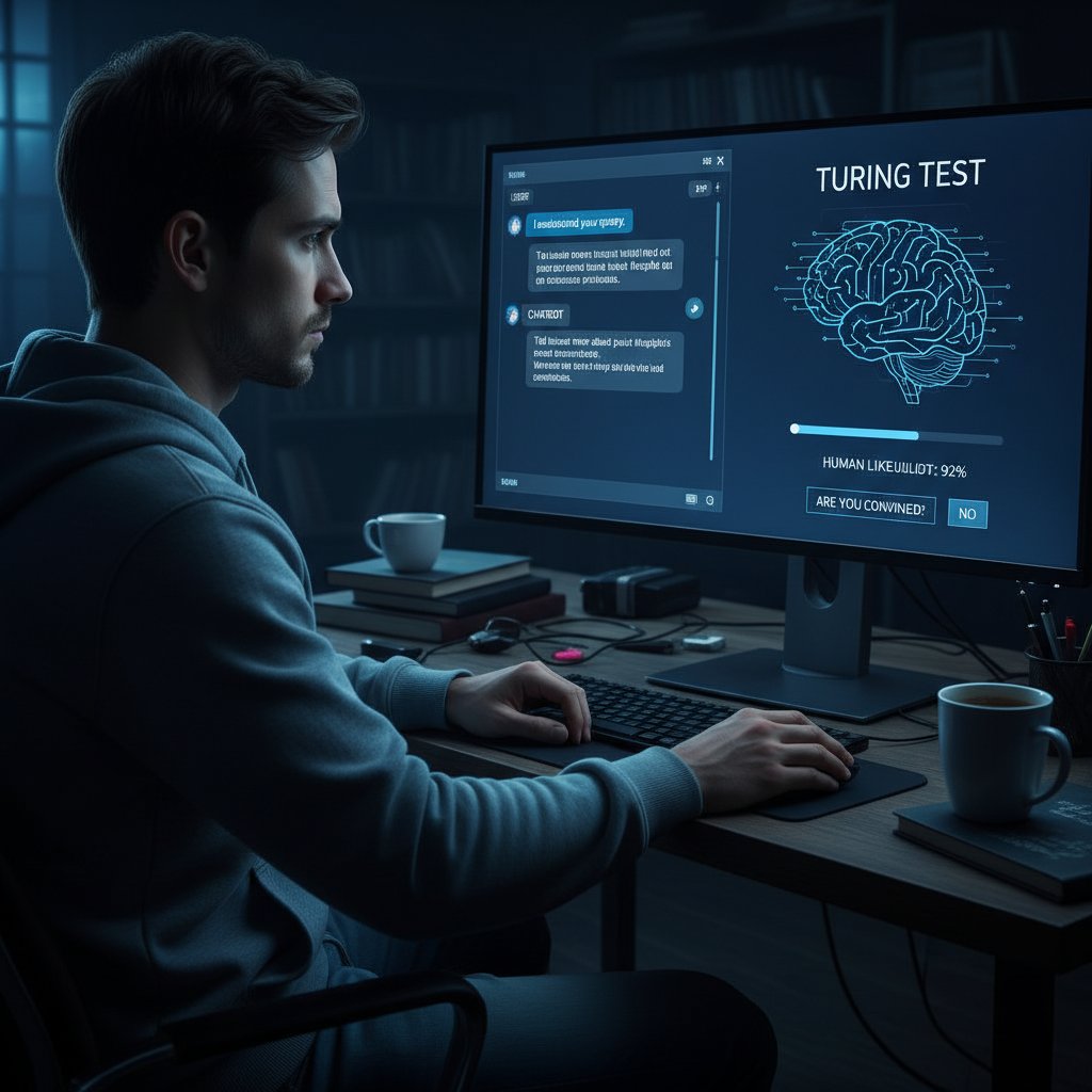 Osoba rozmawiająca z chatbotem na ekranie komputera, test Turinga