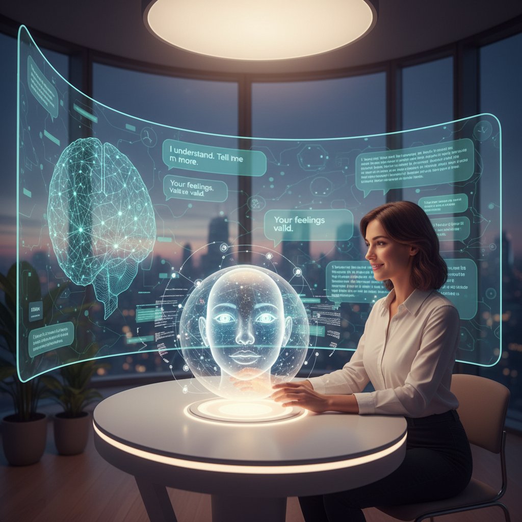 Osoba rozmawiająca z chatbotem AI na smartfonie, symbolizująca empatię sztucznej inteligencji