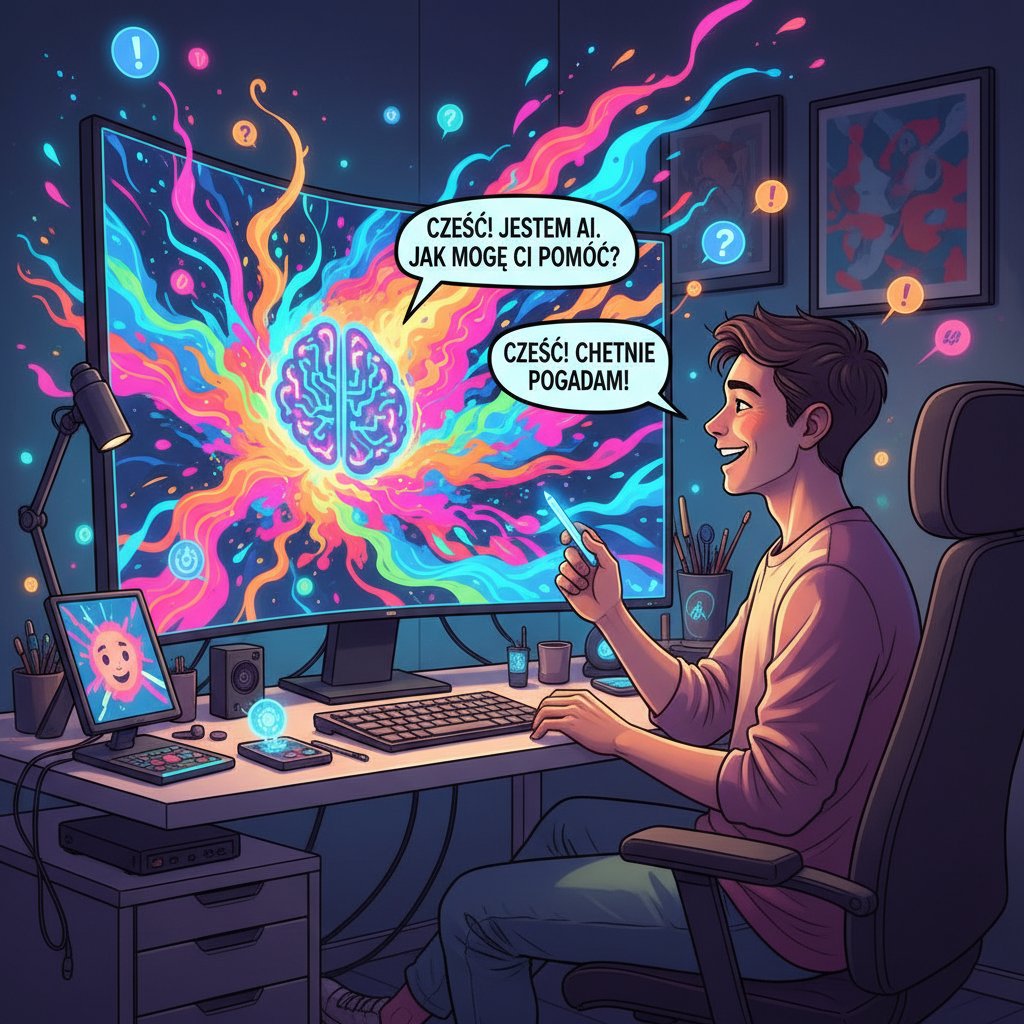 Osoba prowadząca rozmowę na czacie AI z kolorowym ekranem i polskimi dymkami komiksowymi