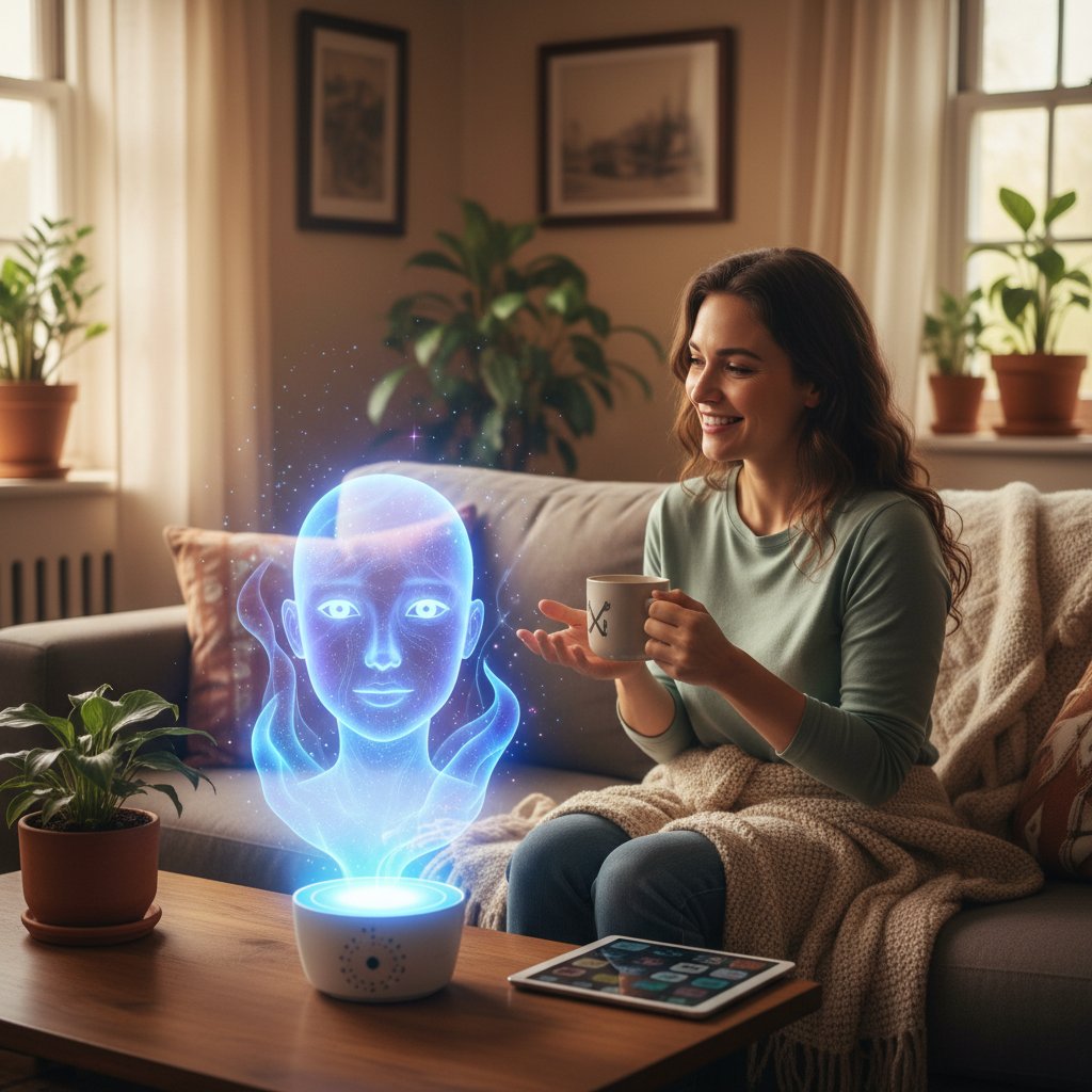 Osoba rozmawia z AI w domu, codzienne użycie, naturalna interakcja z emocjonalnym asystentem