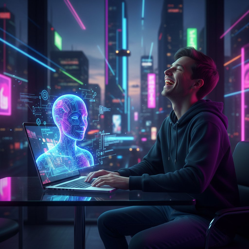 Osoba rozmawiająca z AI na laptopie, śmiejąca się z zabawnej odpowiedzi, w tle kolorowe neony