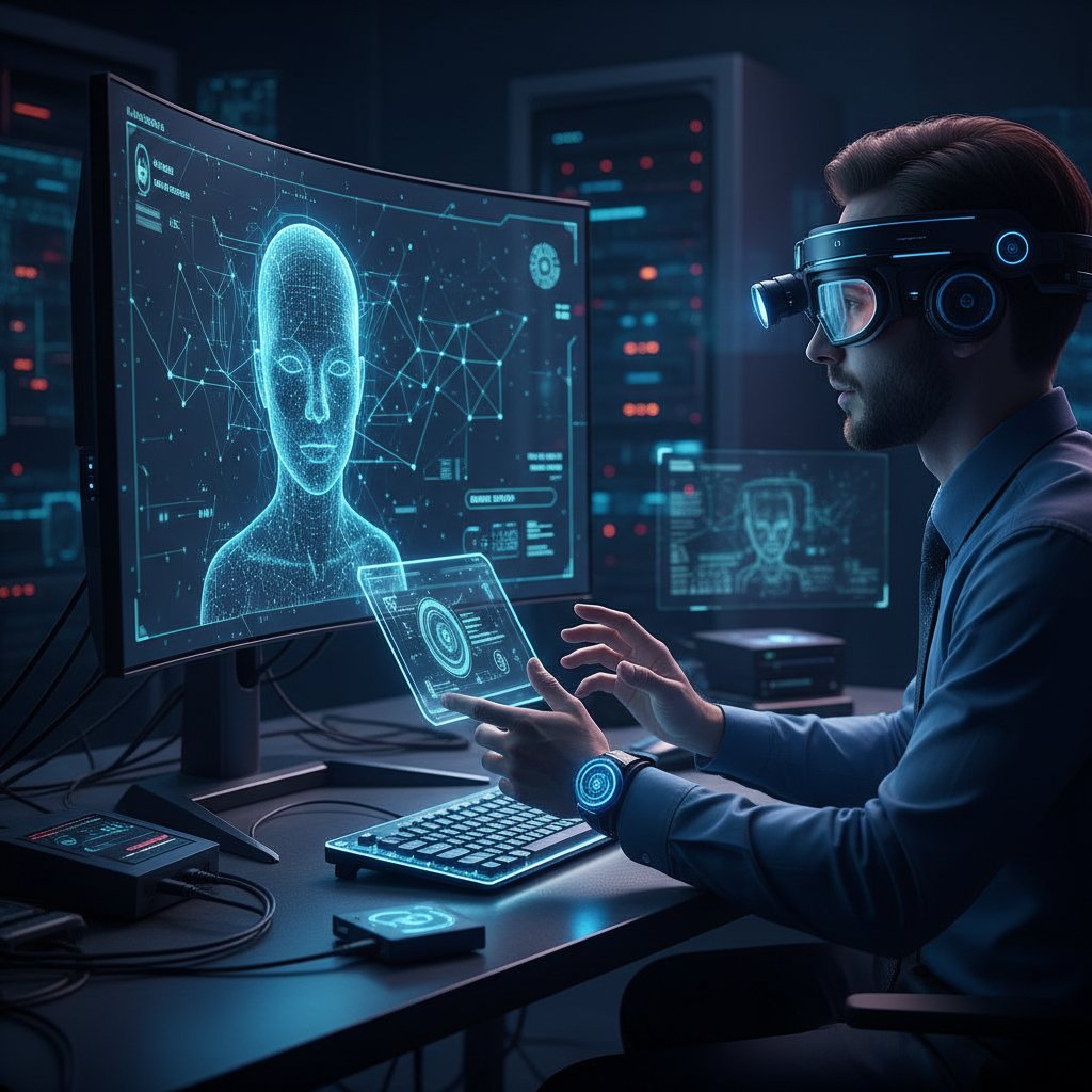 Osoba korzystająca z czata AI; dynamiczne światła monitora, symbolizujące nowoczesne technologie wsparcia online