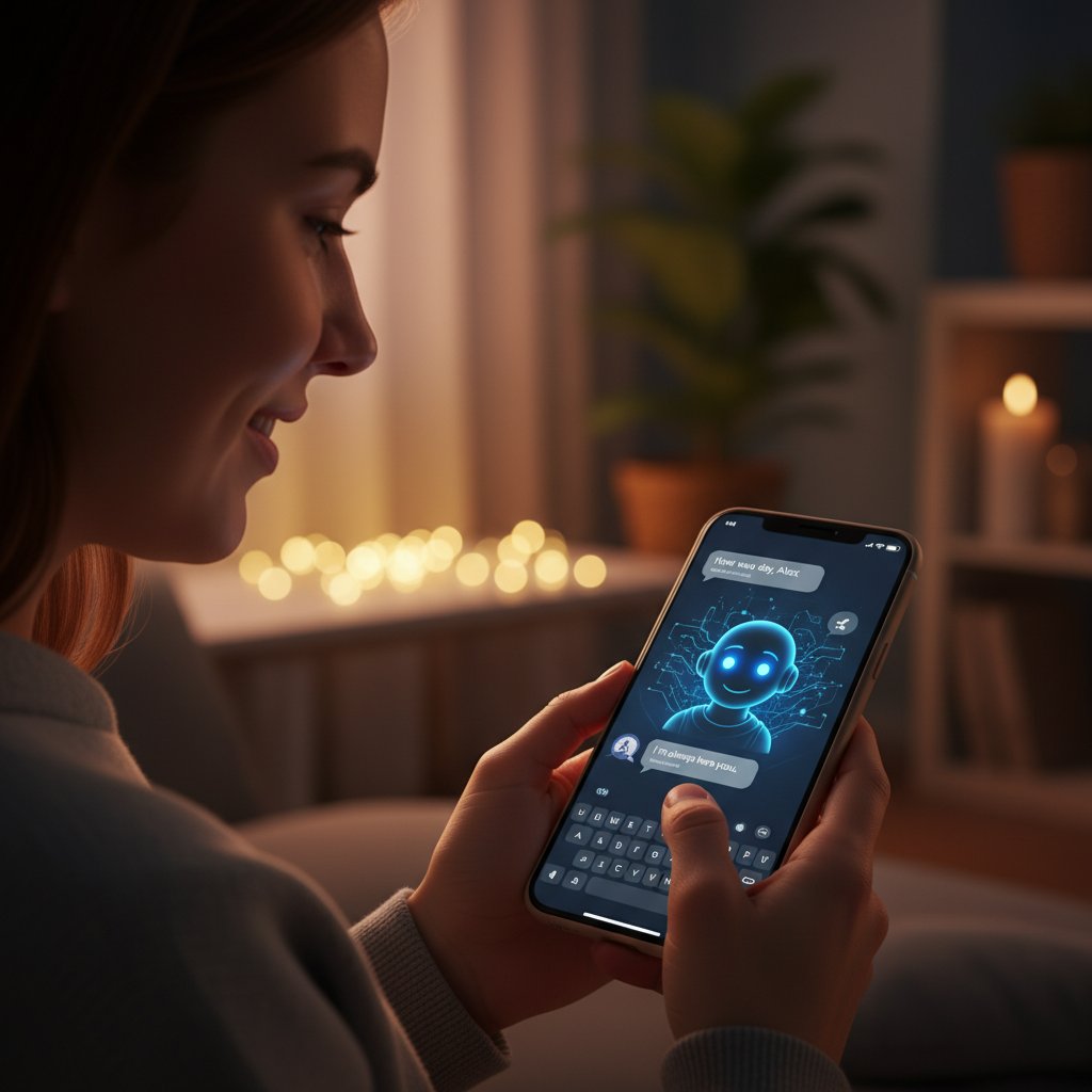 Zdjęcie osoby rozmawiającej przez aplikację AI, światło ekranu odbija się na twarzy, relacje cyfrowe