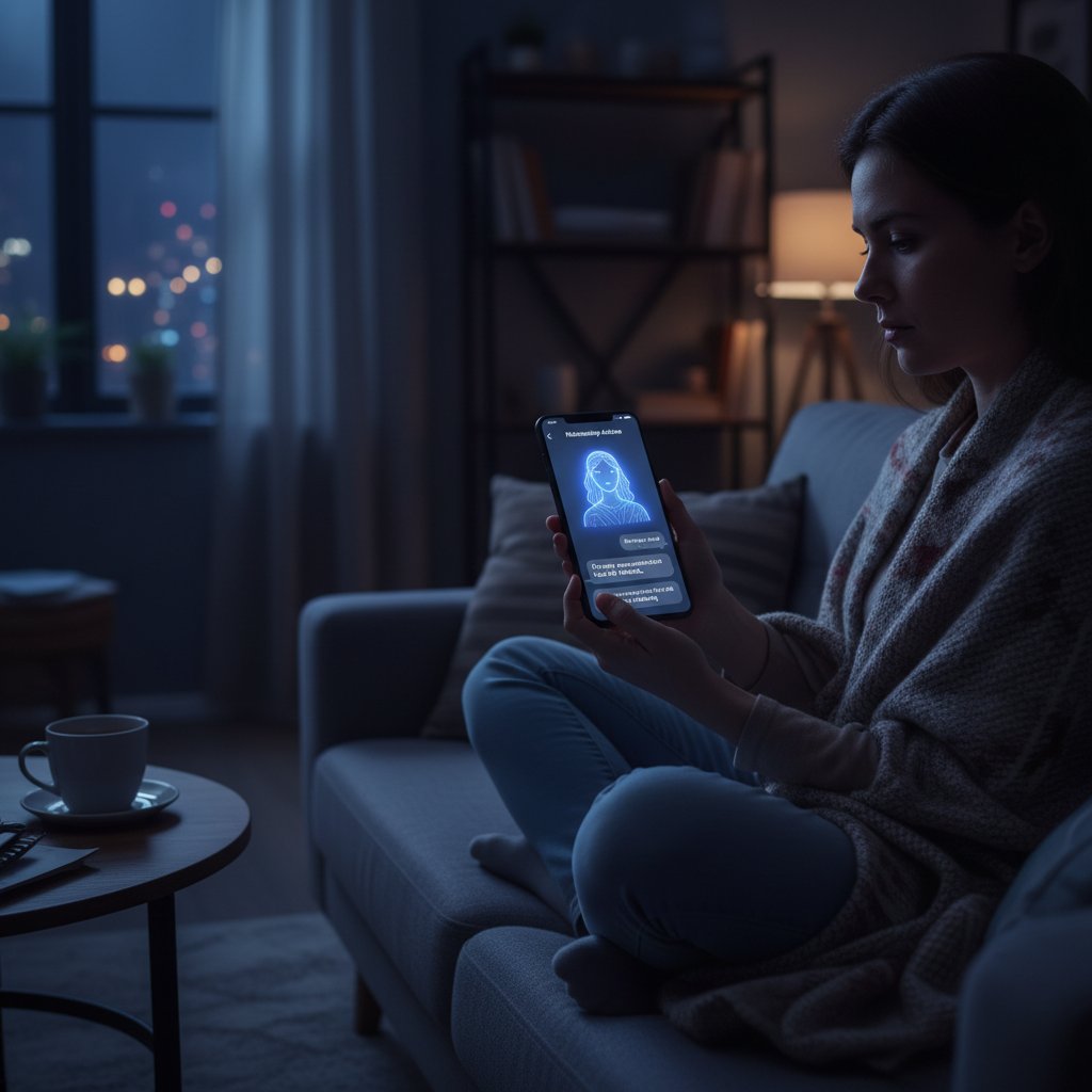Person chatting with AI on a phone, late at night. Individual seeking relationship advice from AI assistant