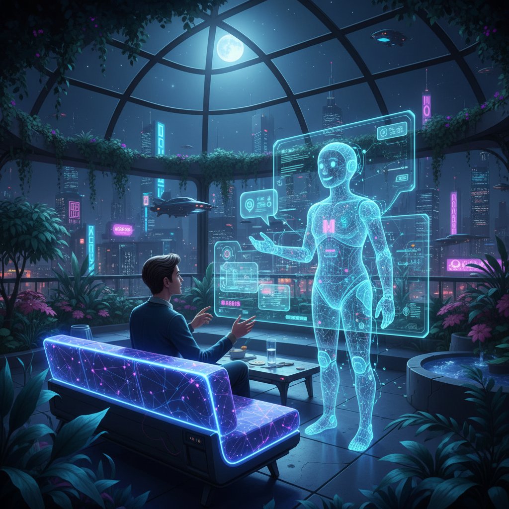 Osoba prowadząca nocną rozmowę z asystentem AI, intymna atmosfera, nowoczesny pokój