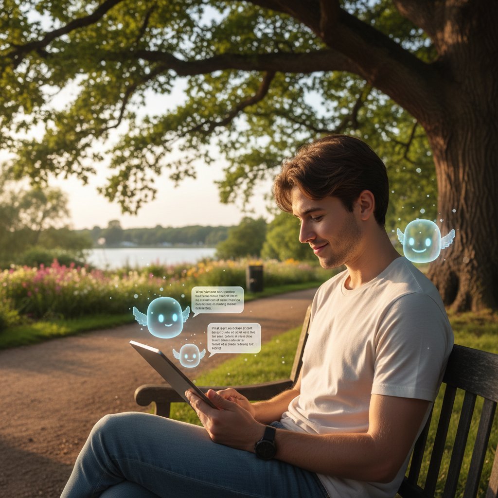 Osoba prowadząca rozmowę z botem AI na laptopie, atmosfera ulgi i zabawy