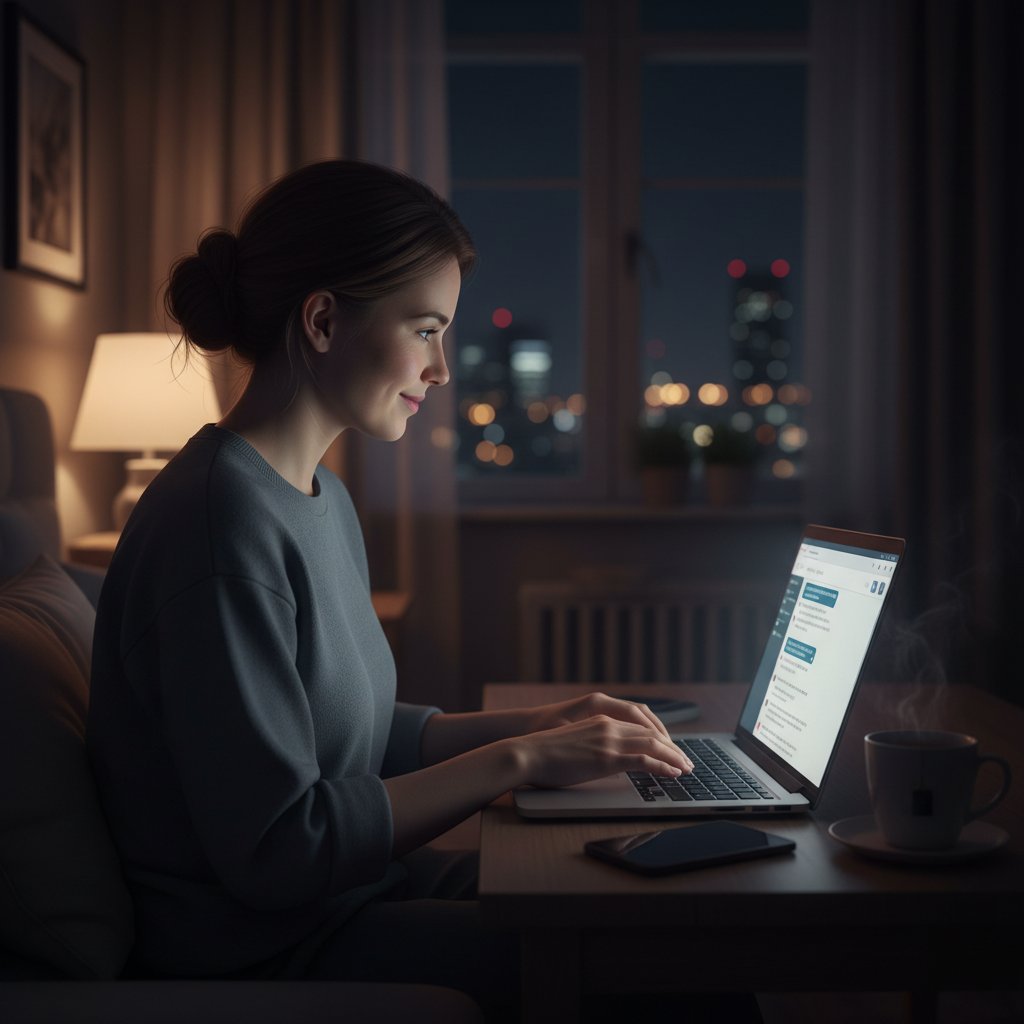 Rozmowa człowieka z AI w nocnym świetle – hiperrealistyczna scena osoby przy intensywnie świecącym laptopie