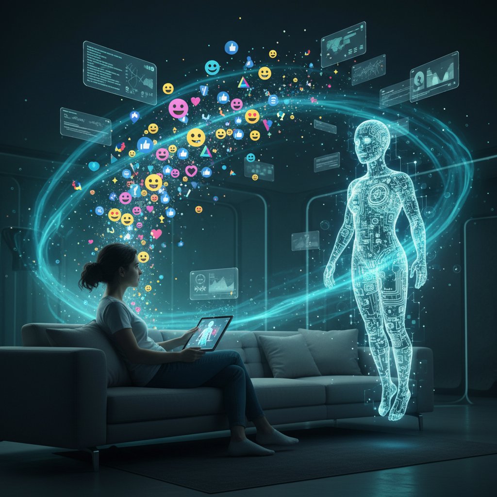 Osoba rozmawiająca z holograficznym przyjacielem AI, otoczona ikonami cyfrowymi i emoji