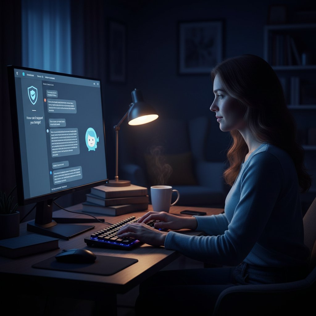 Osoba rozmawiająca online w nocy, ciemność, światło ekranu, motyw samotności i wsparcia