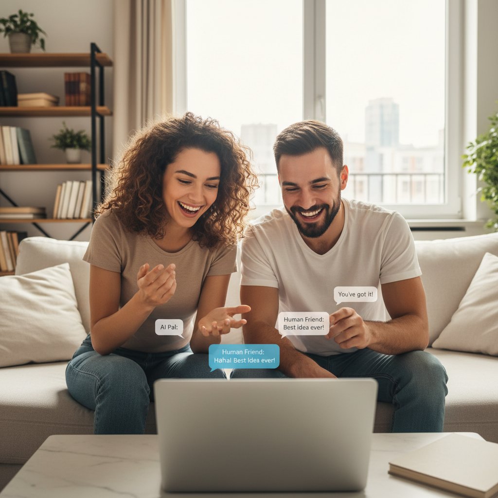 Osoba rozmawiająca z AI na ekranie laptopa, szeroki uśmiech, atmosfera swobody; kluczowe słowa: rozmowy AI, bezpieczeństwo, kumpel online