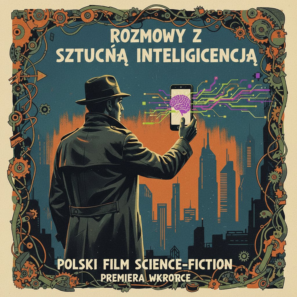 Osoba prowadząca rozmowę z aplikacją AI na smartfonie, tło: polskie plakaty filmowe