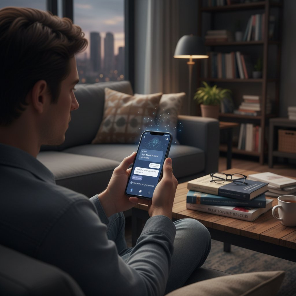 Person chatting with an AI assistant on their smartphone, advice books ignored in the background, modern setting