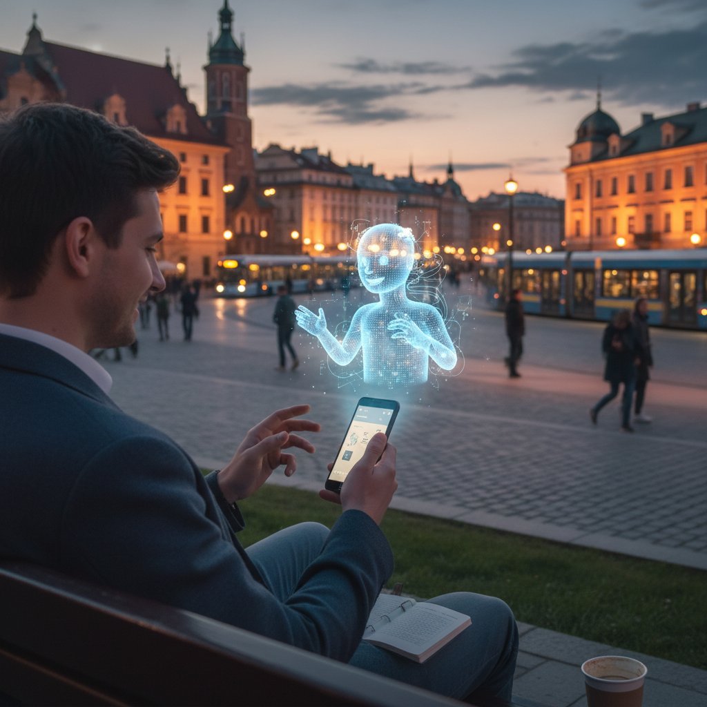 Osoba rozmawiająca z wirtualnym przyjacielem AI na smartfonie, wieczór, polskie miasto