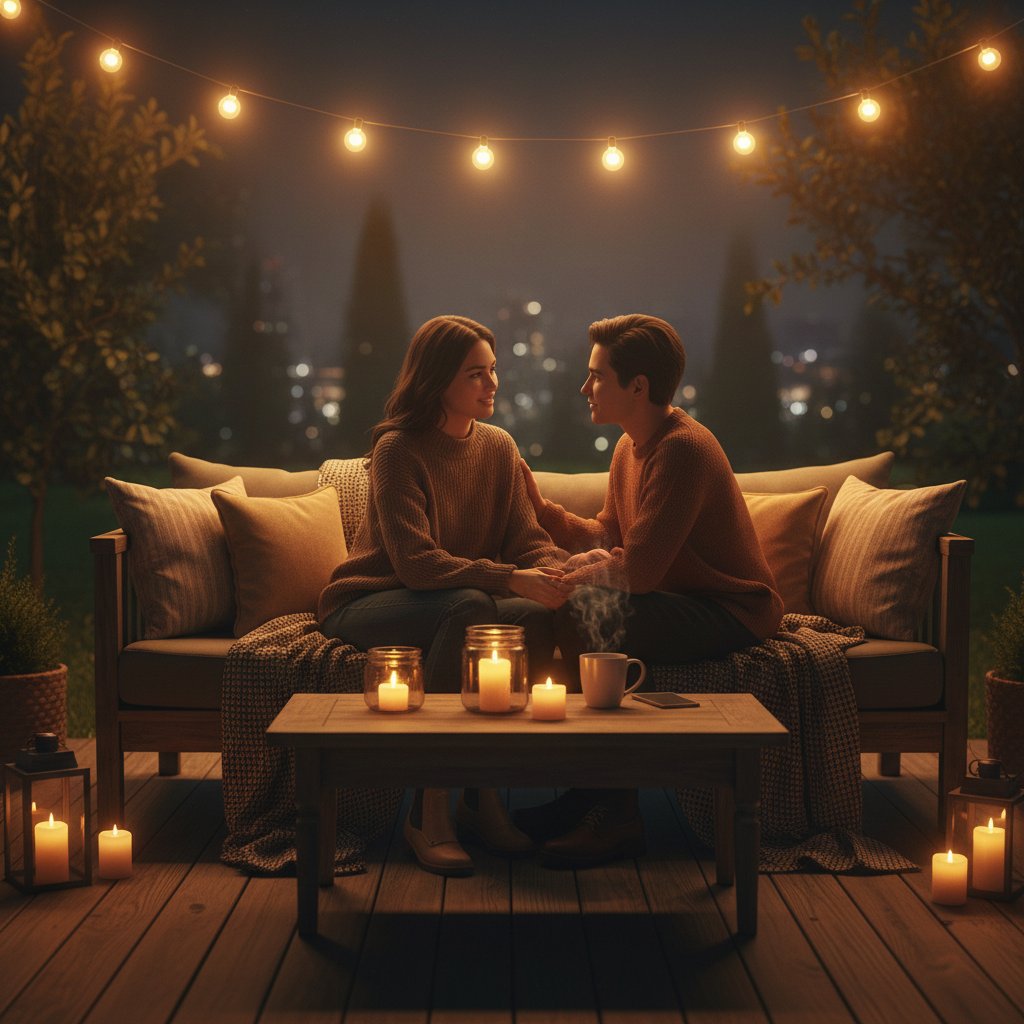 Osoba rozmawiająca online wieczorem, ciepła atmosfera, poczucie wsparcia