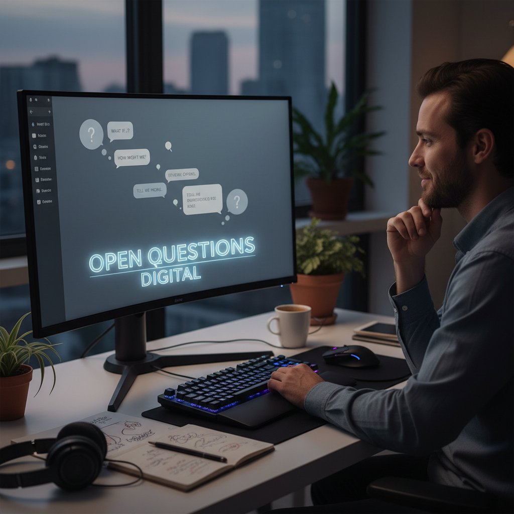 Osoba korzystająca z czatu online, pytania otwarte w komunikacji cyfrowej