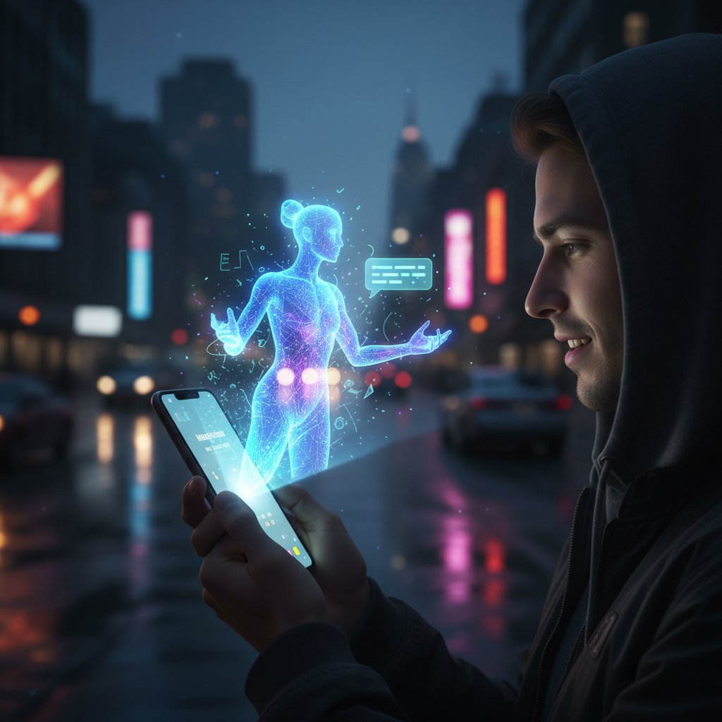 Osoba rozmawiająca z cyfrowym awatarem na smartfonie w nocy, symbolizująca rozmówcę dostępnego zawsze i wsparcie AI