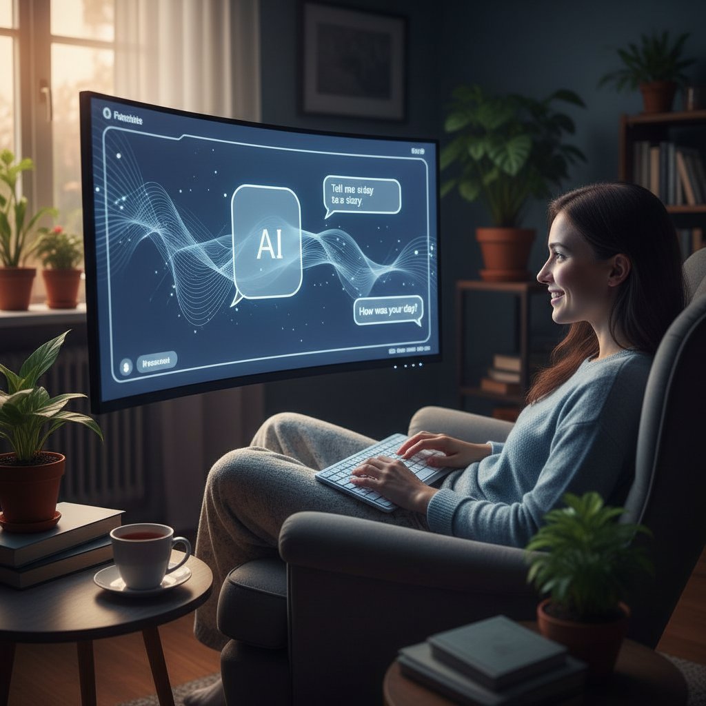 Osoba rozmawiająca z AI przez komputer, atmosfera relaksu, światło ekranu