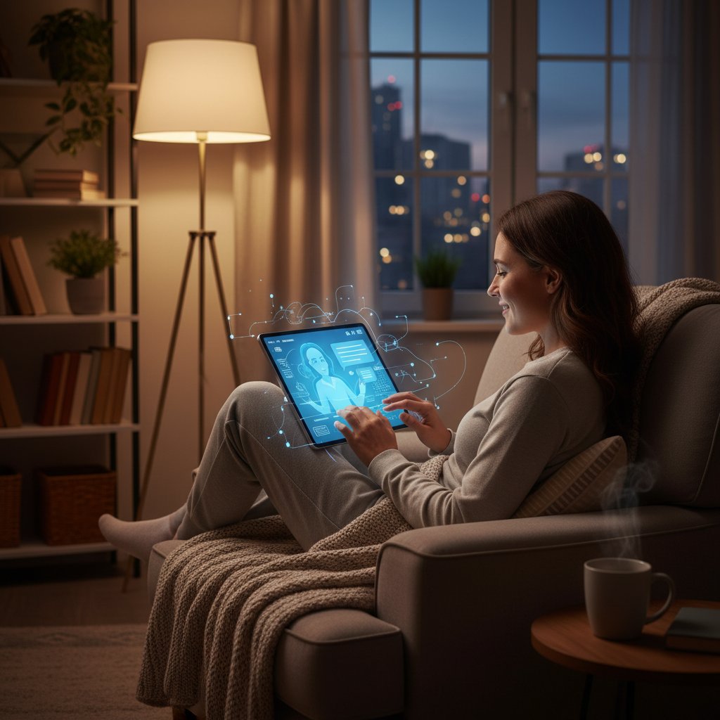 Osoba rozmawiająca z wirtualnym asystentem na smartfonie, relaksująca się wieczorem, subtelne światło i komfort