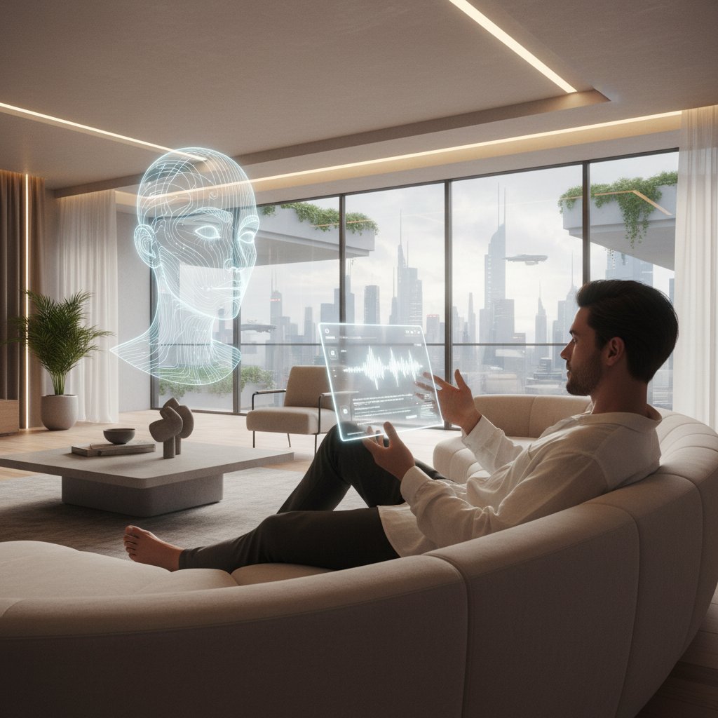 Osoba rozmawiająca z AI na ekranie smartfona, atmosfera zabawy i relaksu, nowoczesny design