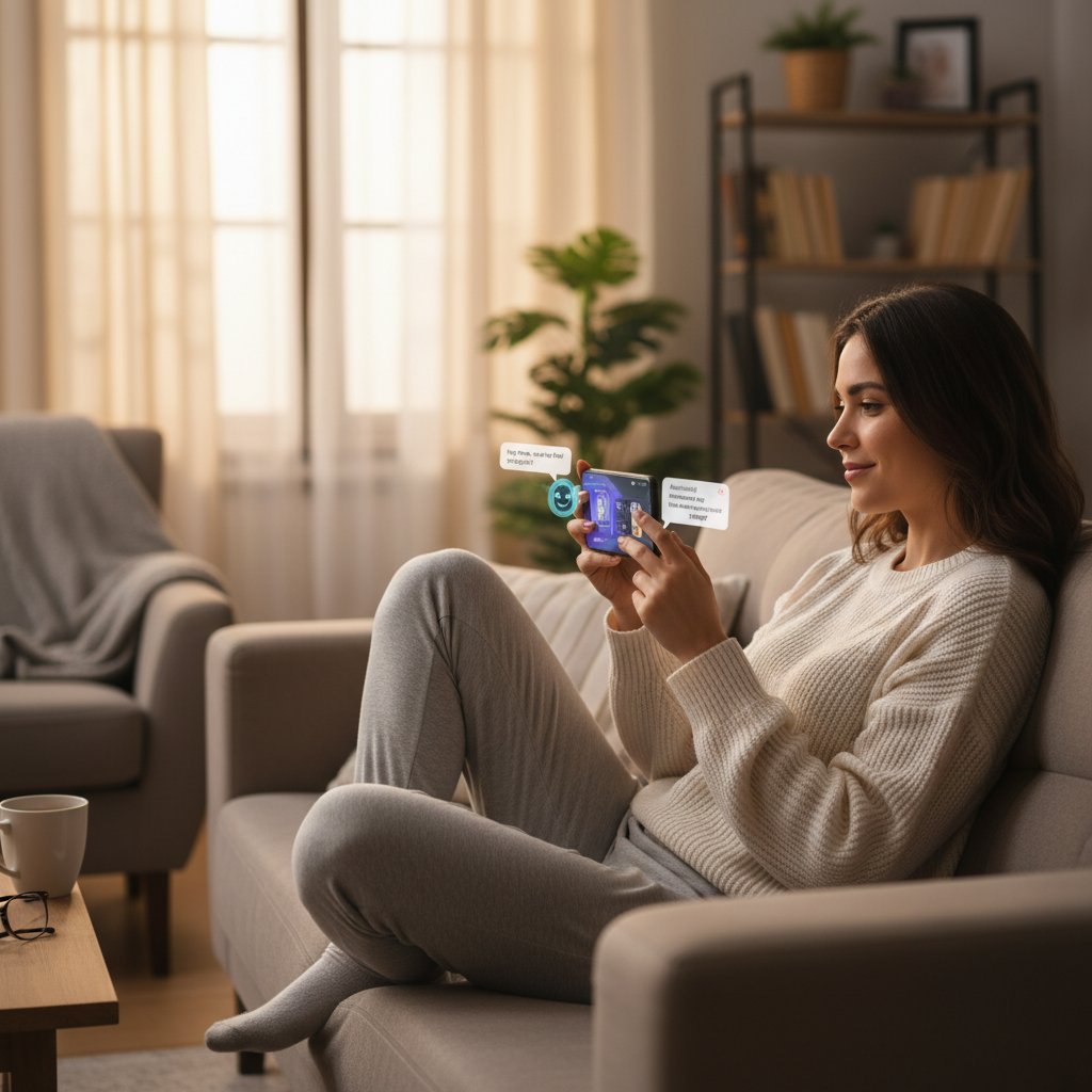 Osoba rozmawiająca z wirtualnym kumplem AI na smartfonie, randki online bez zobowiązań, domowa atmosfera