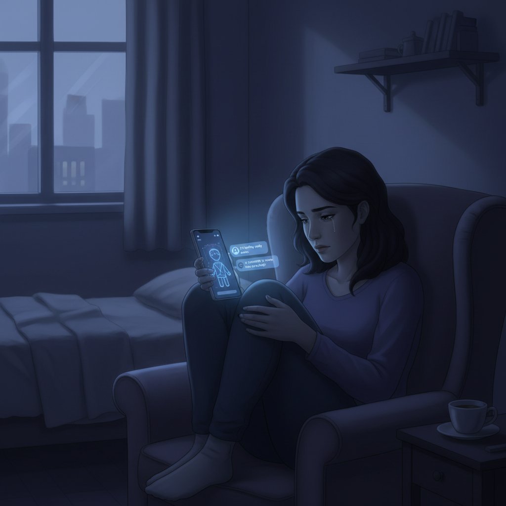 Osoba rozmawiająca z chatbotem na smartfonie – AI jako narzędzie wsparcia w izolacji