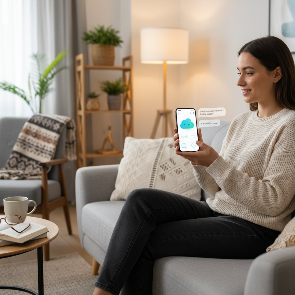 Osoba korzystająca z asystenta zdrowotnego na telefonie, domowe, swobodne otoczenie