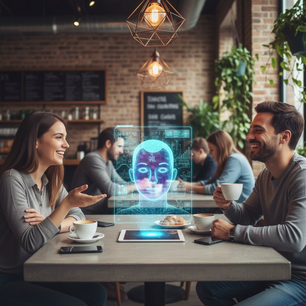 Osoba rozmawiająca z prawdziwym przyjacielem i AI jednocześnie, kontrast emocji, nowoczesna kawiarnia