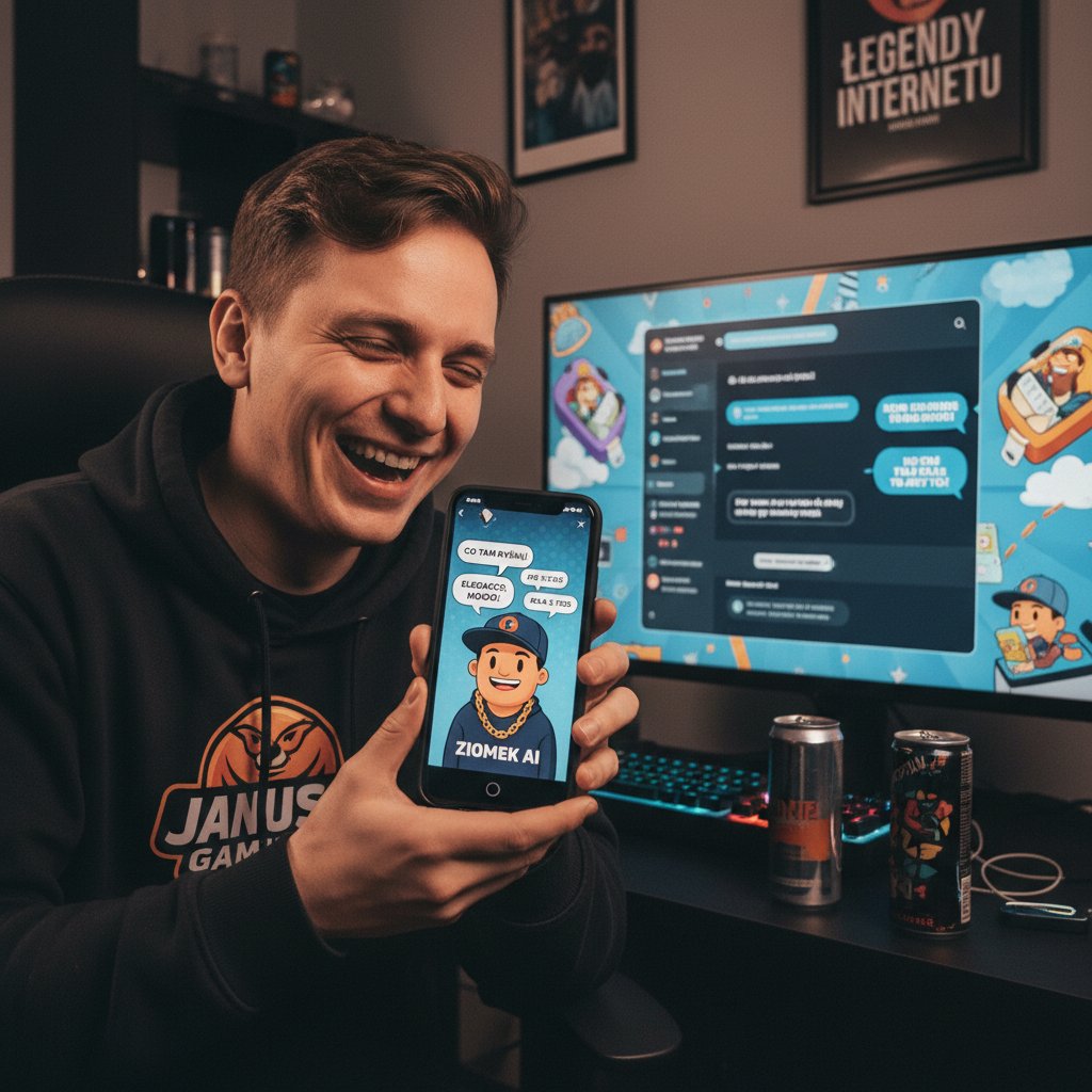 Osoba czatująca z ziomek.ai na smartfonie, widoczne polskie memy i slang