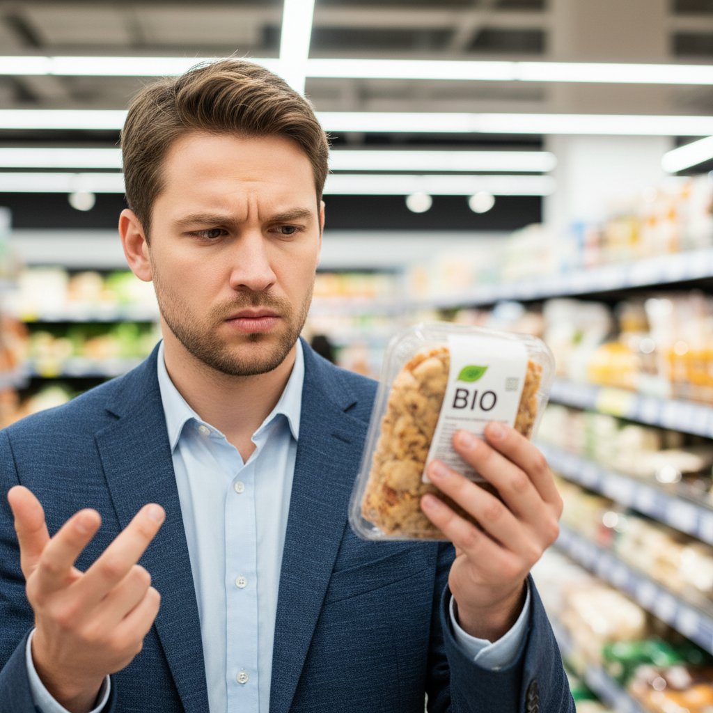 Osoba analizująca etykietę produktu bio w sklepie, wyraz twarzy pełen sceptycyzmu