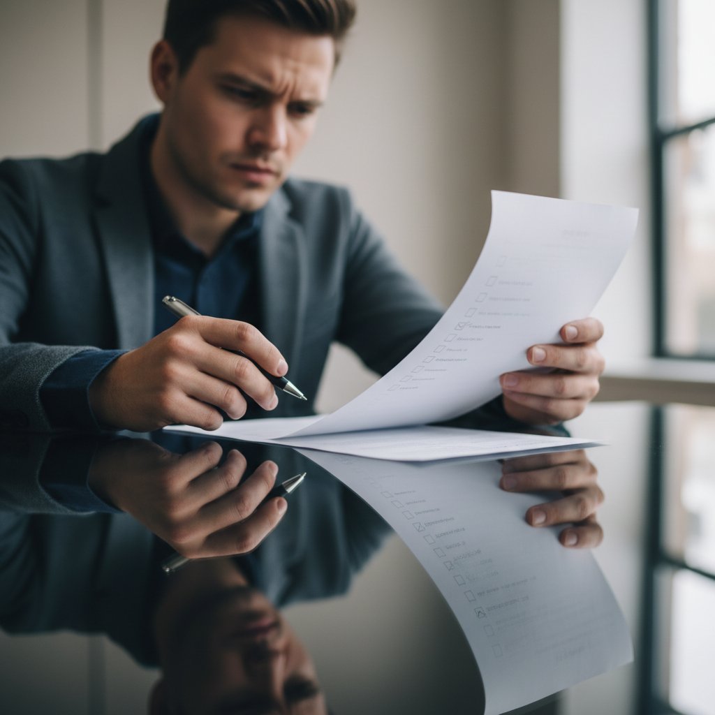 Osoba odhaczająca checklistę, notatki, atmosfera skupienia i refleksji